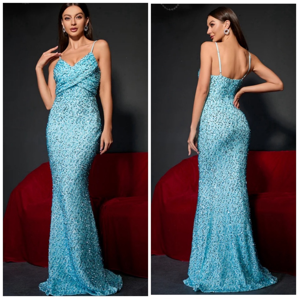Faeriesty Aqua Spaghetti Strap Sleeveless Sequin Dress